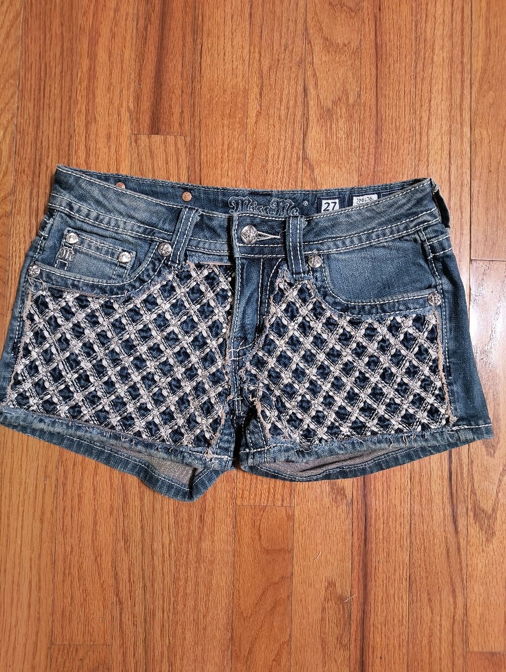 Miss Me jean JP6176H shorts with decorative lattice and rhinestones, women's 27